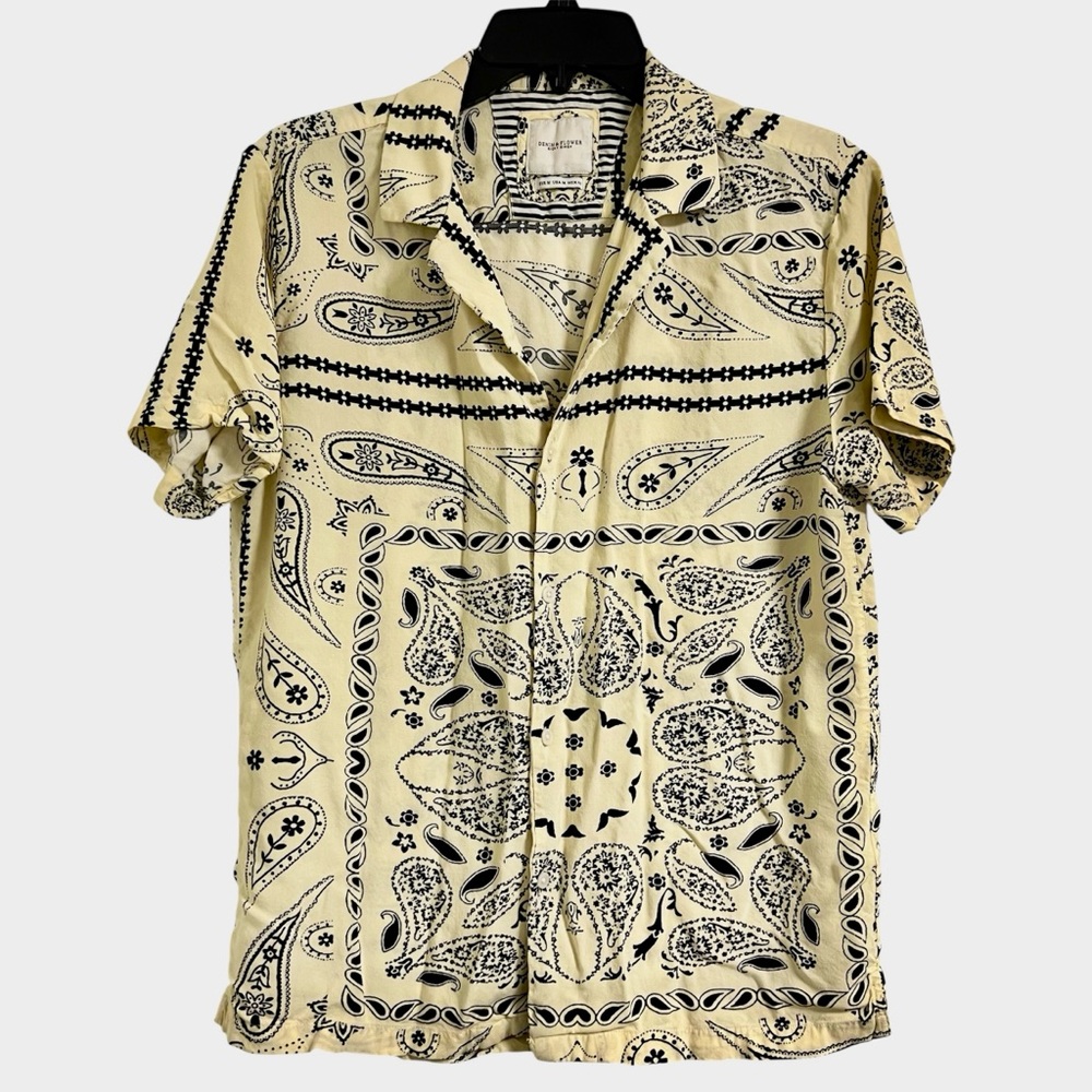 Denim & Flower Paisley Bandana‎ Print Button Up Shirt Cream and Black Medium